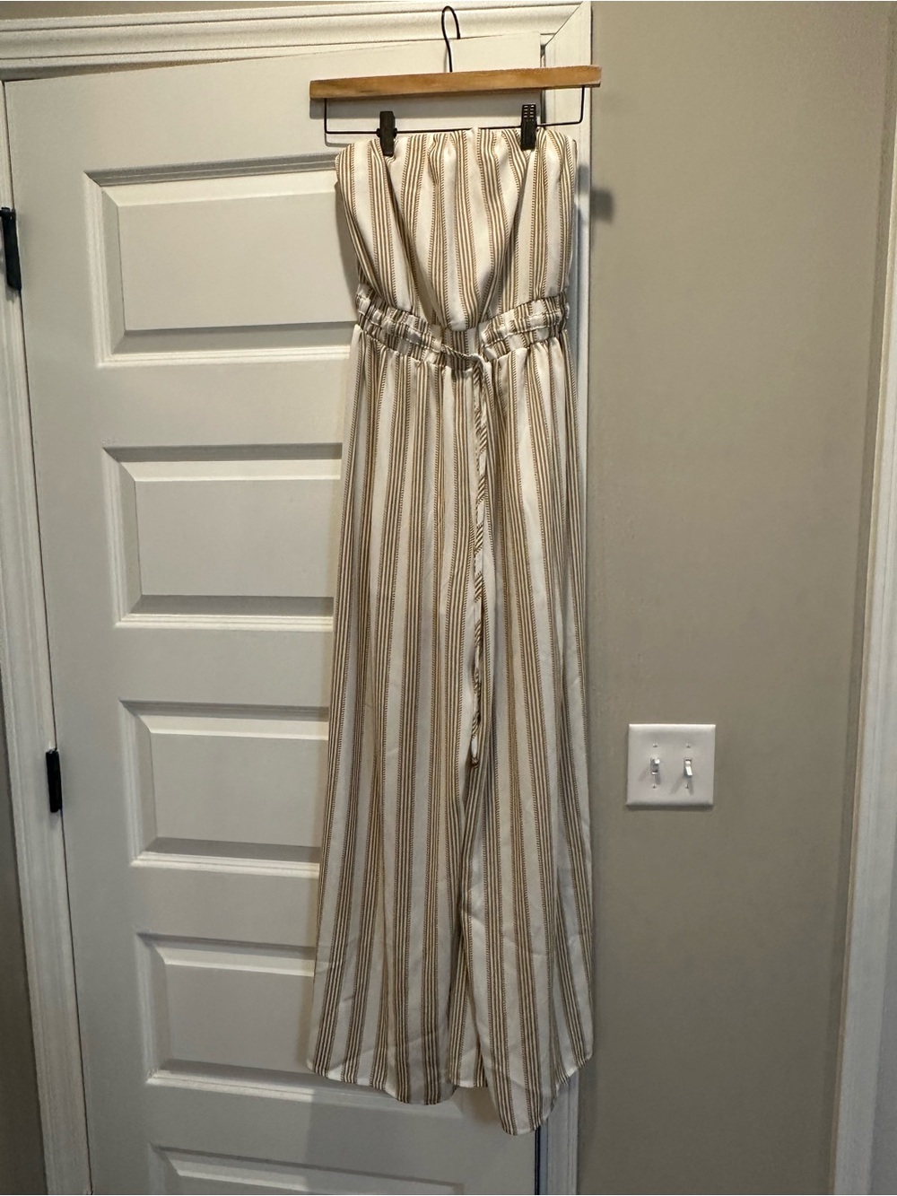 Morning Most Striped Cream and Tan Strapless Wide-Leg Jumpsuit
